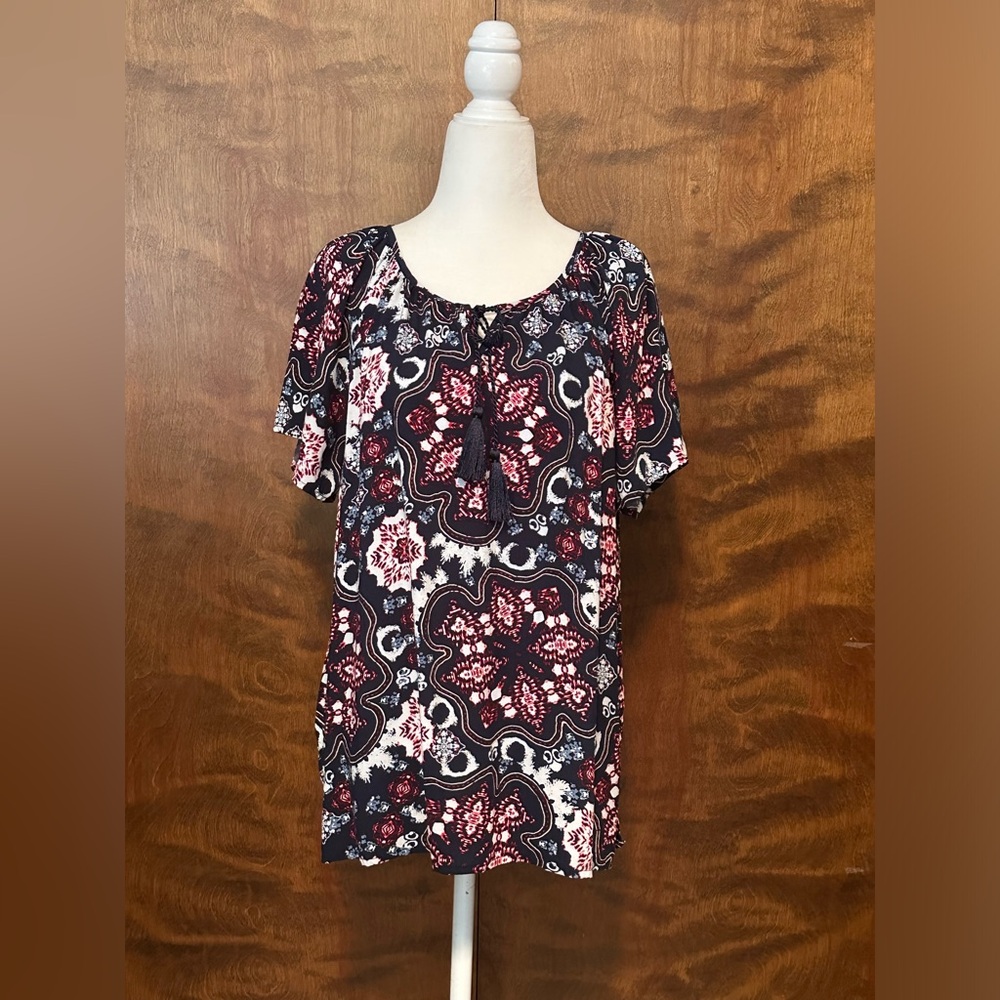 Christopher & Banks Short Sleeve Peasant Blouse Womens L Navy & Red Viscose NWT